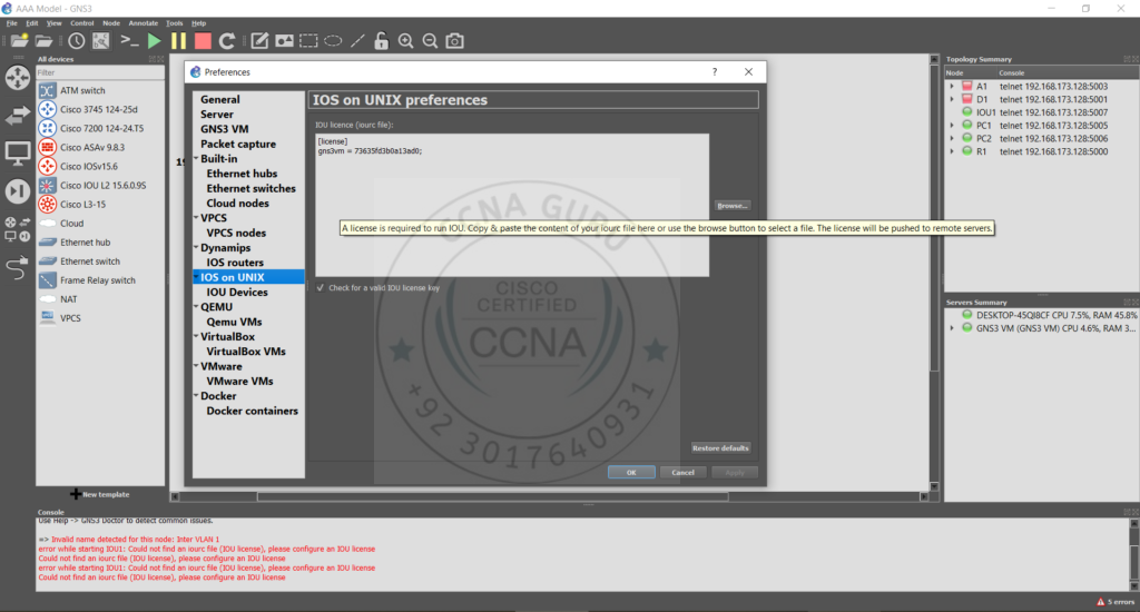 Apply Cisco IOU License in GNS3 Preferences